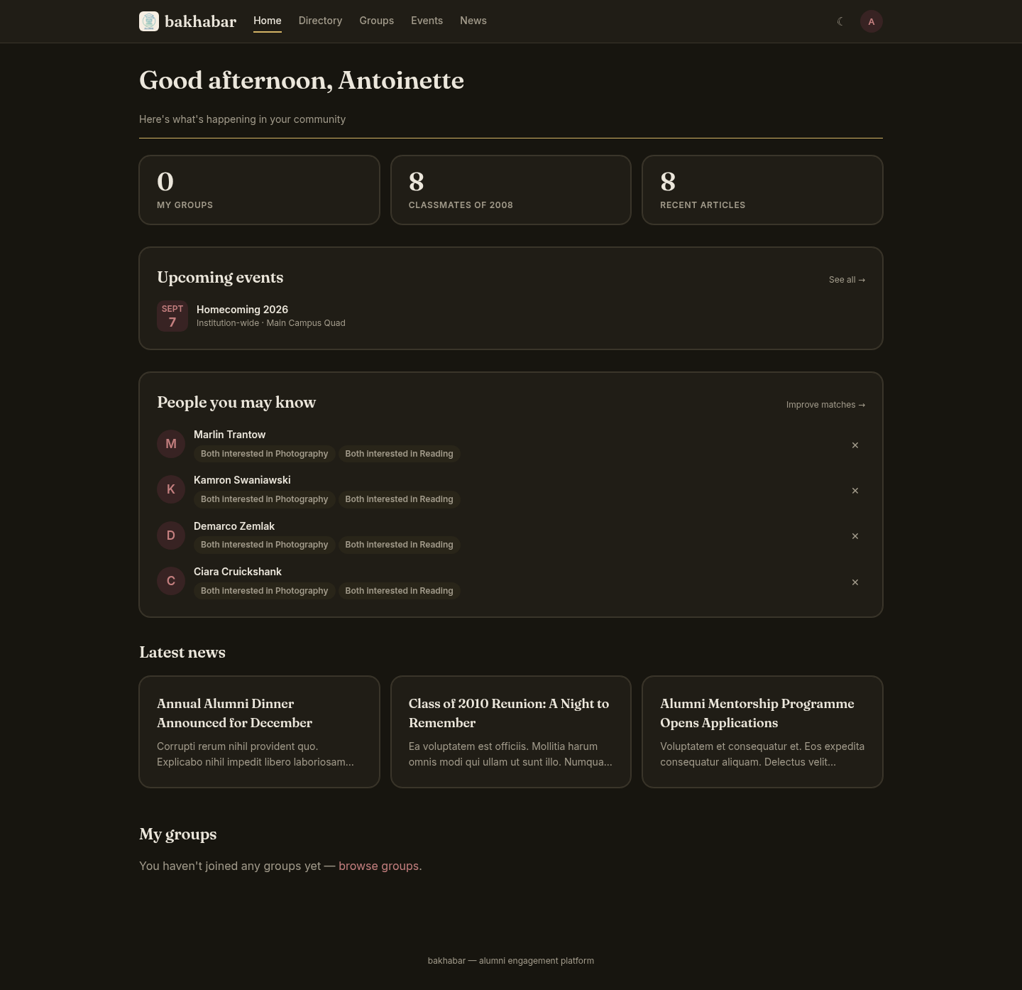 Portal home, dark mode